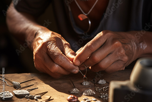 A close view of two hands skilfully creating a handmade adornment utilizing classic artisanal methods. photo