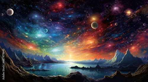 Fantasy space landscape with vibrant galaxy and alien planets. Science fiction scenery.