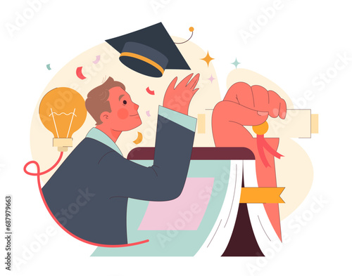 Graduation concept. Jubilant young man throws his cap, holding a diploma tied with a ribbon, illuminated by ideas. Celebrating academic achievement. Flat vector illustration.