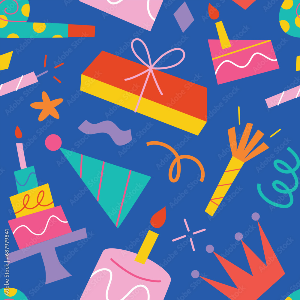Colorful pattern for wrapping paper, birthday present, ornament for Christmas celebration, seamless ornament of cakes, candles, gift boxes, vector illustrations of cartoon doodles on blue background