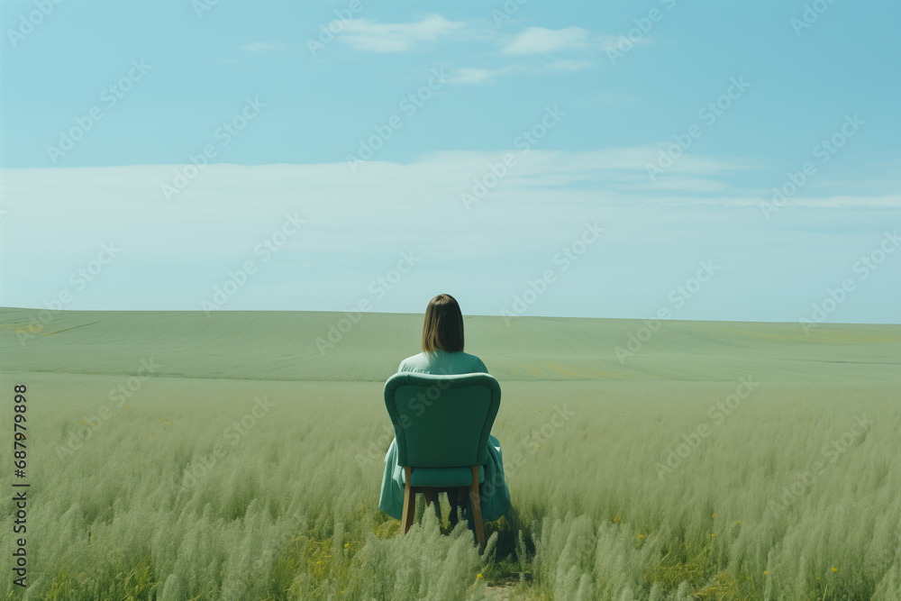 Woman sitting on a chair in the middle of a wheat field Woman sitting on a chair in the middle of a wheat field