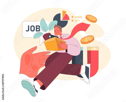 First Job concept. Excited young man with a box of belongings, propelled by a financial growth chart. Embarking on a new career adventure. Flat vector illustration.