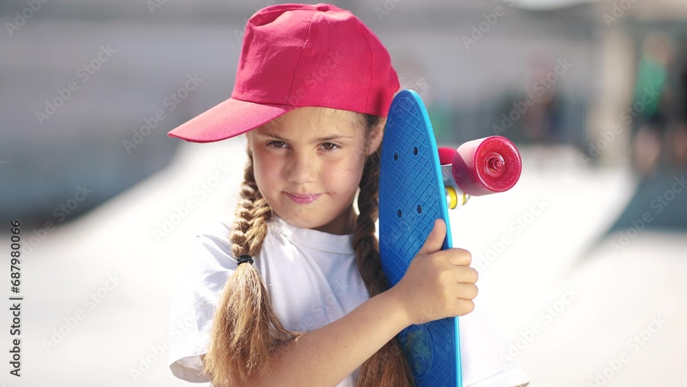 Portrait child girl skateboarder on the playground. Girl skateboarder on the background of the urban landscape area. happy family child dream lifestyle concept. Skateboarder girl child outdoor
