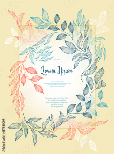 Bay leaves frame vector greeting card template. Rustic card design with laure...