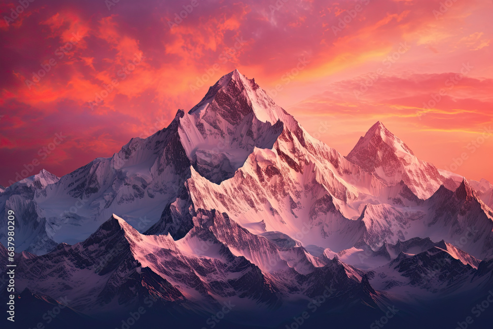 snowy mountain range with the sunset