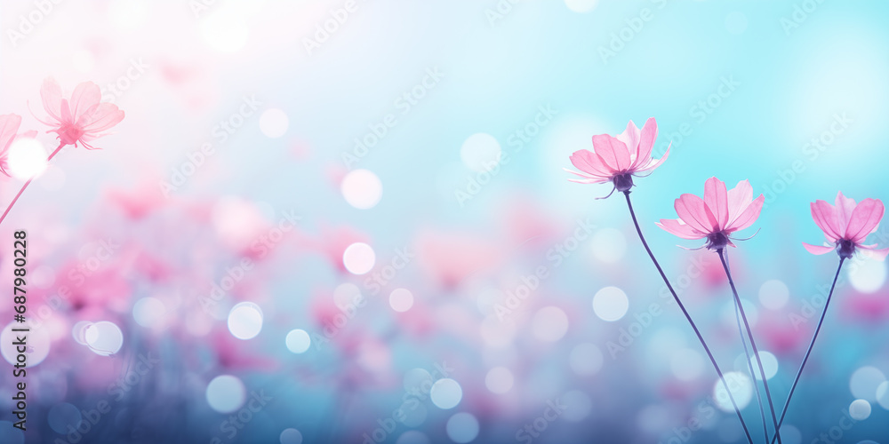 Delicate pink cherry blossom flower branch close up in spring with blue bokeh sky with pastel background. Mother’s Day, Valentines Day product placement sale add photo for copy space by Vita. - obrazy, fototapety, plakaty 