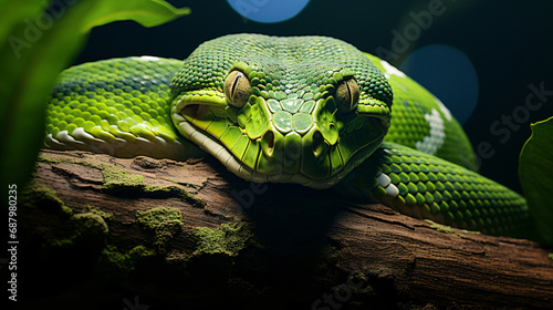 A green snake is sitting on a tree branch photo