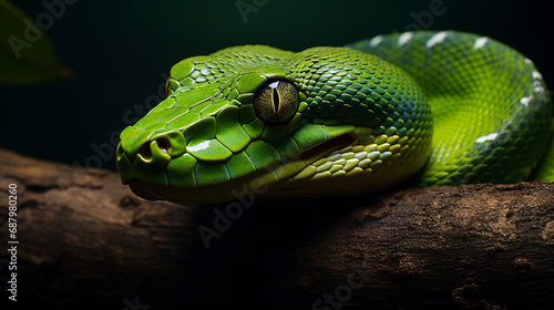 A green snake is sitting on a tree branch