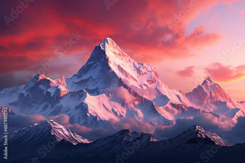 snowy mountain range with the sunset