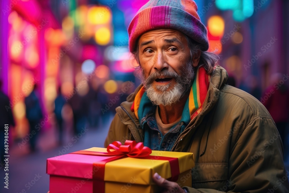 Fototapeta premium A homeless man was delighted when he received a gift.