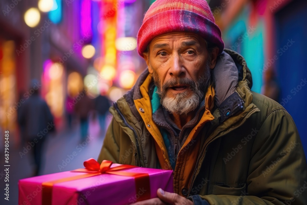 A homeless man was delighted when he received a gift. A homeless man was delighted when he received a gift.