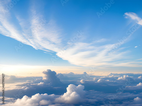 Blue sky with clouds from above. Sunset. Fredom concept