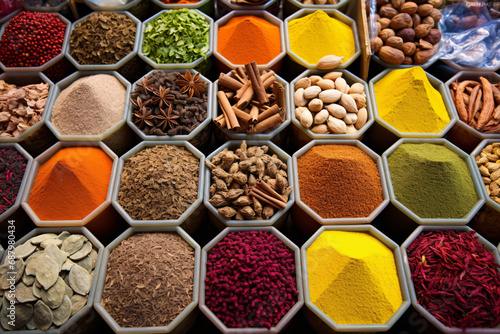 A bird's-eye view of a fragrant spice bazaar exhibiting a variety of vivid spices.