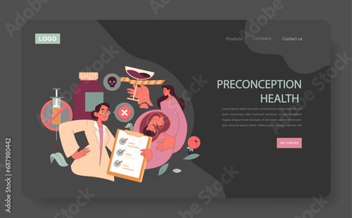 Preconception Health concept. A dedicated doctor educates about risks and best practices for pregnancy, emphasizing harmful substances and the baby's growth. Knowledge before conception. Flat vector.