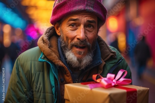 A homeless man was delighted when he received a gift.