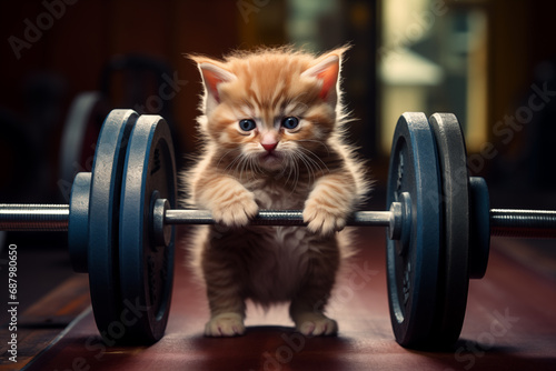 Cute little kitten lifting dumbbell