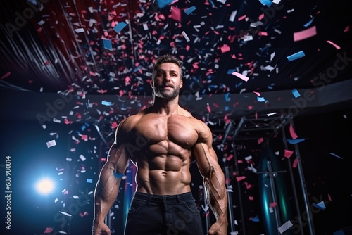Brutal strong bodybuilder man fitness male model posing over dark background with falling confetti.