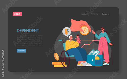 An elderly man in a wheelchair holds a child in his arms, reflecting financial dependence. Disabled people receive financial support. Financial stability. Flat vector illustration.