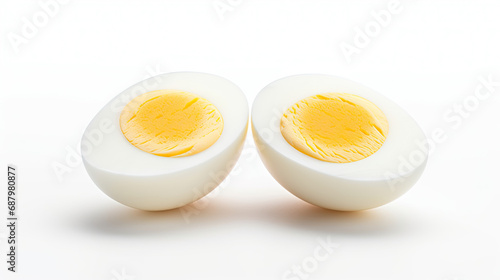 two hard boiled eggs split in half isolated on white background