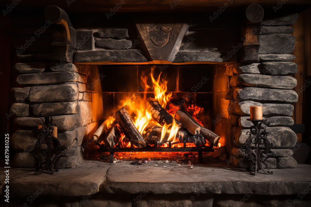  A rustic stone fireplace with burning logs, glowing embers radiating cozy warmth, creating a relaxing ambience around a traditional hearth.
