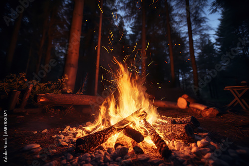  A roaring campfire in a forest clearing, with sparks flying into the night sky and a warm glow illuminating the surrounding dark trees, creating a cozy wilderness atmosphere. 