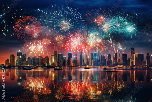  A spectacular fireworks display over a city skyline at night, featuring bright colors and patterns, illuminating the cityscape and creating a festive atmosphere. 