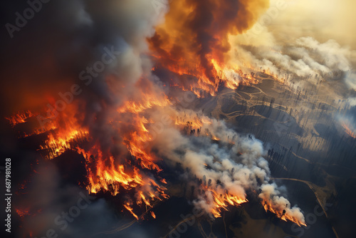 An aerial perspective of a vast forest fire, with a large area engulfed in flames and smoke billowing upwards, highlighting the dramatic environmental impact and nature's fury.