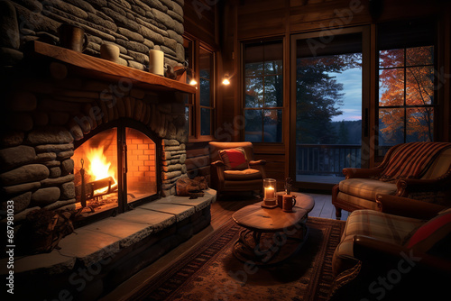  A crackling fire in a fireplace inside a cozy cabin  surrounded by comfortable furnishings  offering a peaceful and warm retreat indoors. 