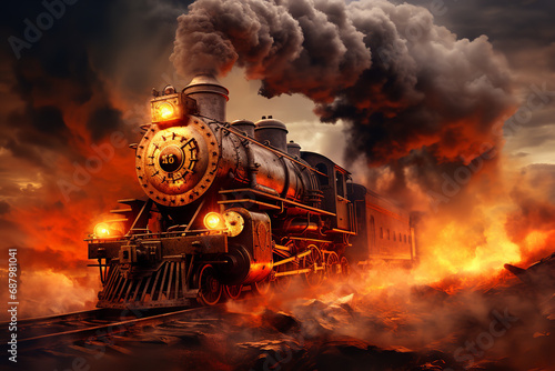  An old-fashioned steam locomotive, its fiery furnace powering the engine, with billowing smoke, representing the power of the industrial age through steam and fire. 
