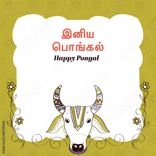 Happy Pongal Font Written In Tamil Language with Doodle Cow Or Bull Face on White and Olive Green Swirl Pattern Background. photo