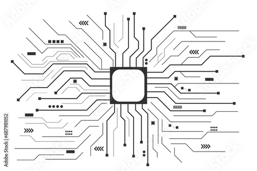 Black circuit diagram on white background. High-tech circuit board connection system.Central Computer Processors CPU concept. technology on white background.