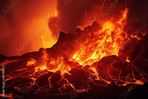  A volcanic eruption at night, with bright lava flowing down, creating a dramatic and fiery landscape, showcasing the awe-inspiring power of nature. 