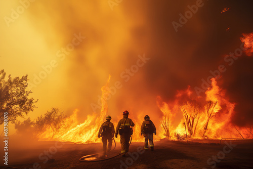  Firefighters in action, courageously battling intense flames of a wildfire, with a smoke-filled sky above, highlighting their brave effort in firefighting.
