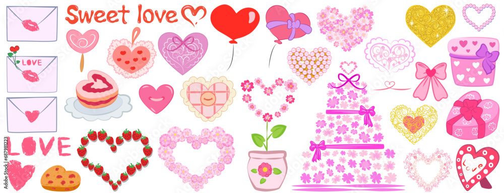 Vector set of beautiful cute romantic items for Valentine's Day, weddings, invitations, cards: various hearts, gift boxes, sweets, flowers, inscriptions, gifts, balls, and decorative elements.