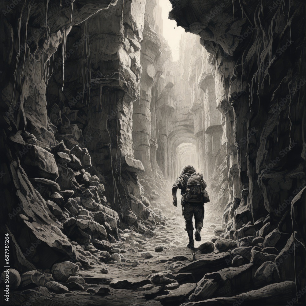 a man walking in a cave