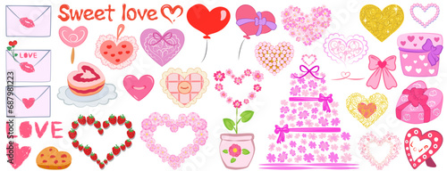 Vector set of beautiful cute romantic items for Valentine's Day, weddings, invitations, cards: various hearts, gift boxes, sweets, flowers, inscriptions, gifts, balls, and decorative elements. © Тетяна&Ольга Ярош
