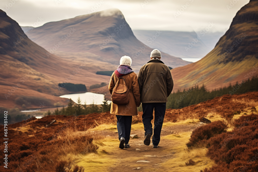 elderly couple go hiking in mountains view from the back elderly couple go hiking in mountains view from the back