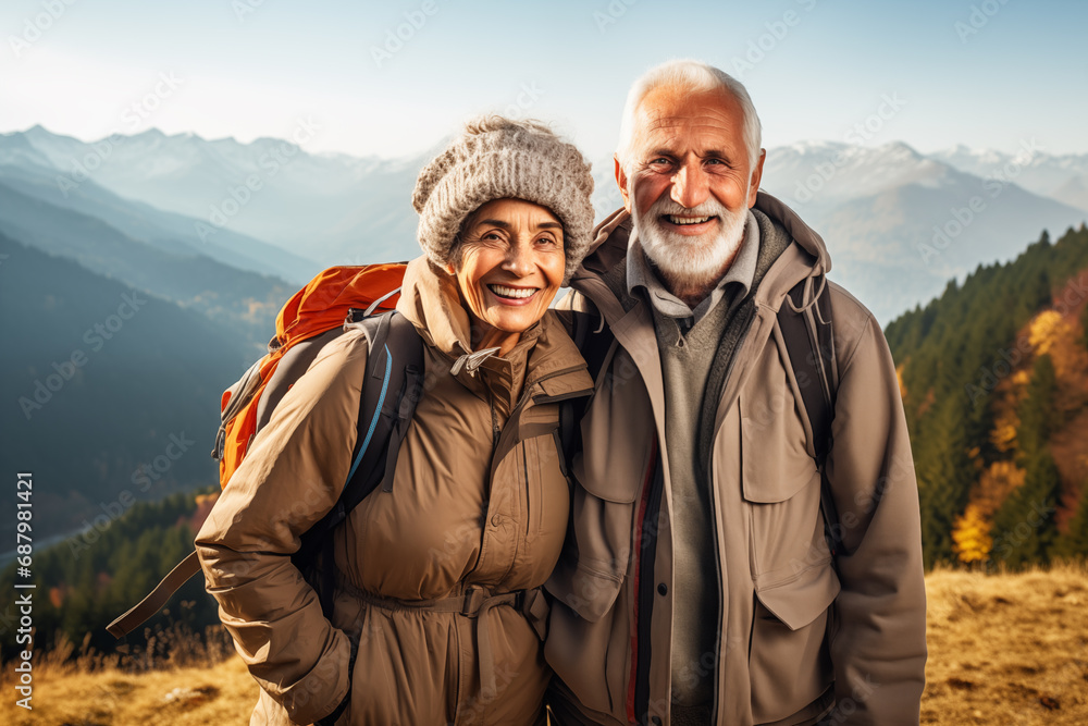 elderly couple go hiking in mountains