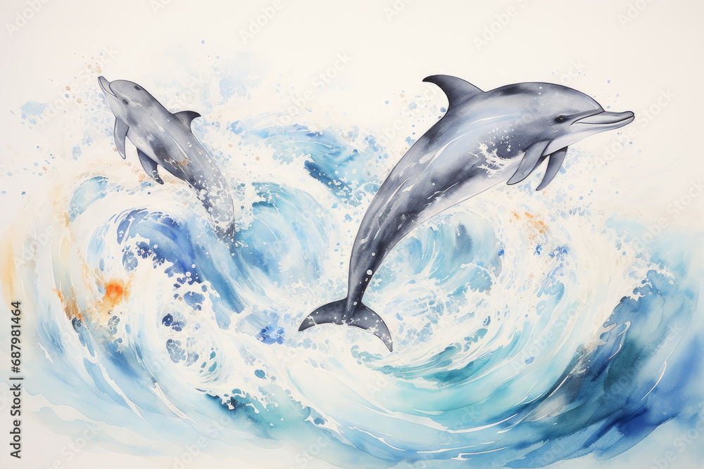 Fototapeta premium New Haicheng style dolphins leap out of the sea.