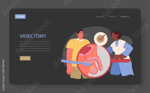 Types of Contraception. Man considers vasectomy under healthcare professionals guidance, a permanent birth control method. Flat vector illustration