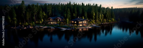 aerial perspective of a tranquil lakeside retreat, with a cabin, dock, and forested surroundings. Generative AI photo