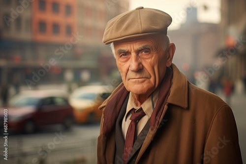 portrait of an elderly man, a pensioner against the background of the city © Alexander
