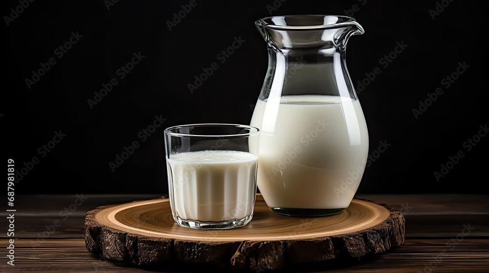 jug of milk with glass of milk on wooden board and black background jug of milk with glass of milk on wooden board and black background