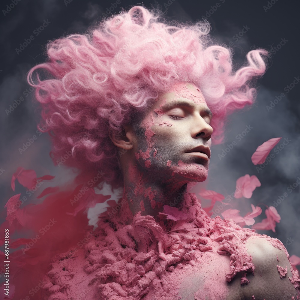 a man with pink hair and pink powder on his body