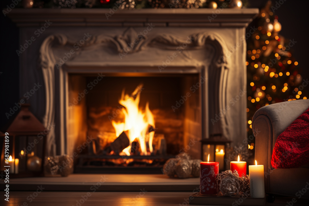a fire in the fireplace and a Christmas tree a fire in the fireplace and a Christmas tree