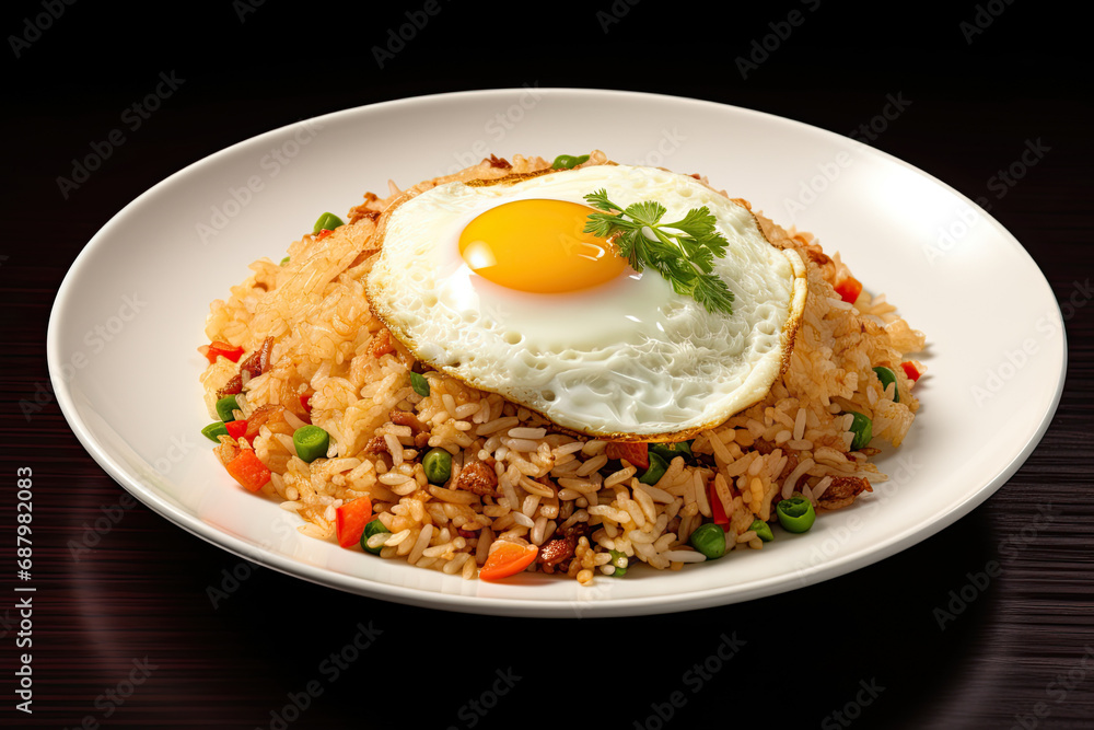 fried rice on the white plate with fried egg on top fried rice on the white plate with fried egg on top