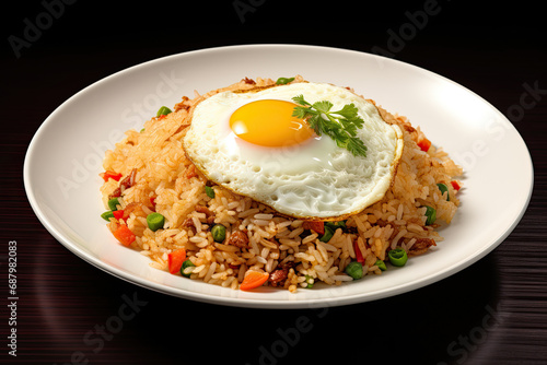 fried rice on the white plate with fried egg on top