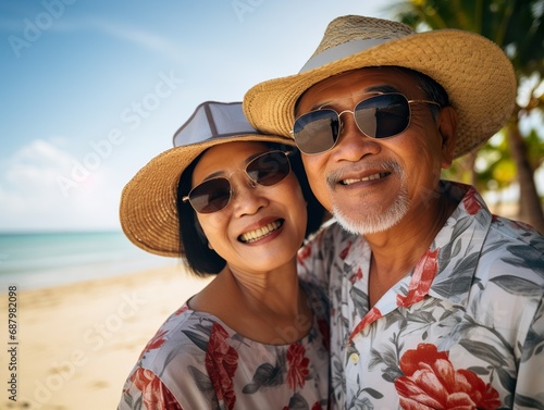 happy asian seniors couple in beach senior man and woman old retired couple relaxing by the Asia sea on sunny day.