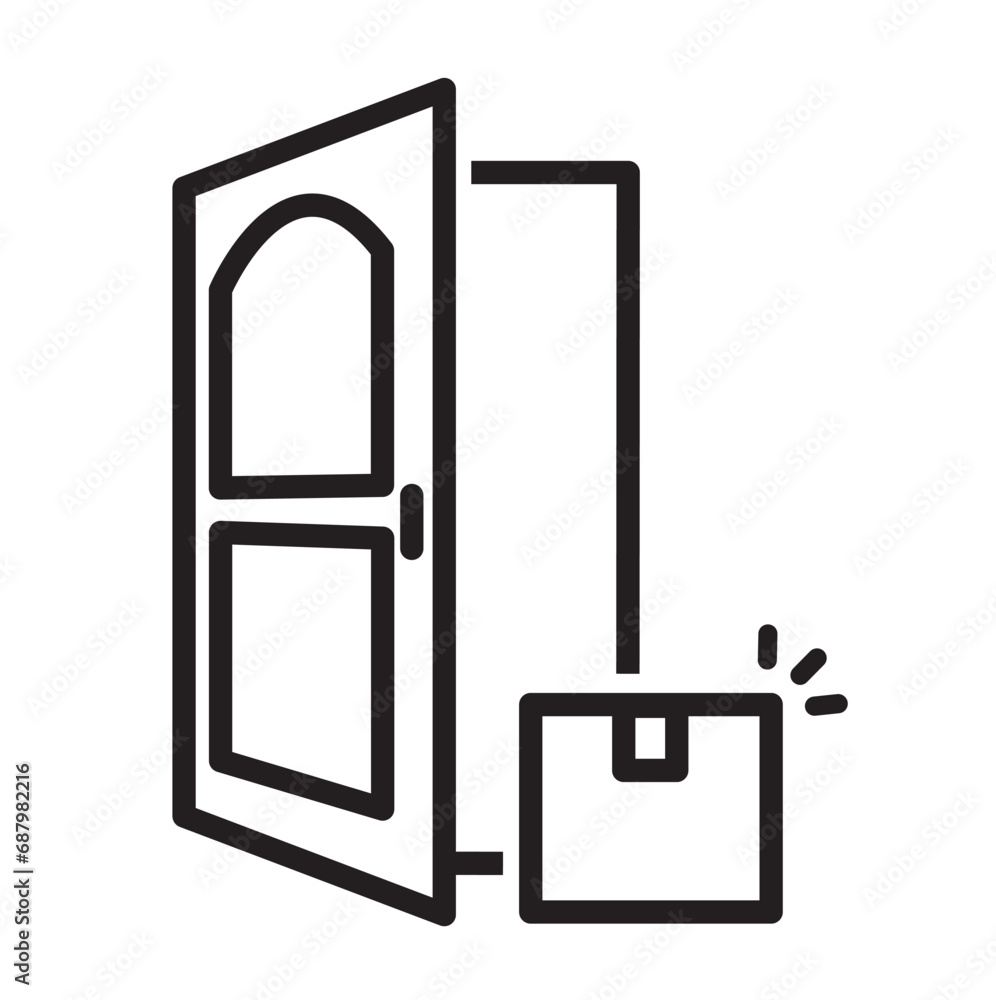 Contactless delivery. Linear icon of front door and package box.