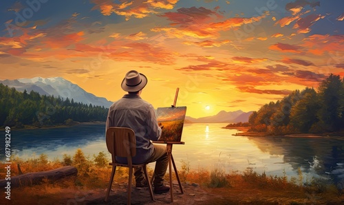 A Serene Reflection: Captivating Artwork of a Man Contemplating Nature's Beauty